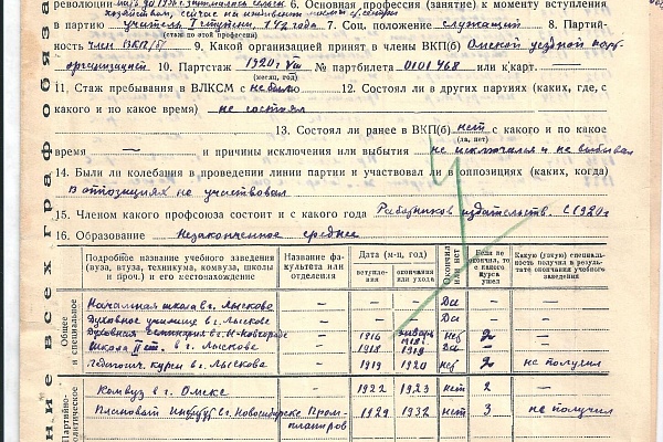 Личный листок по учету кадров Н. А. Кудрявцева. 1938 год